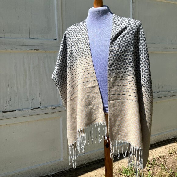 Cleo Shawl Wrap Long Scarf with Fringe Ends Beige Grey Woven Polyester 20x72" - Picture 2 of 6